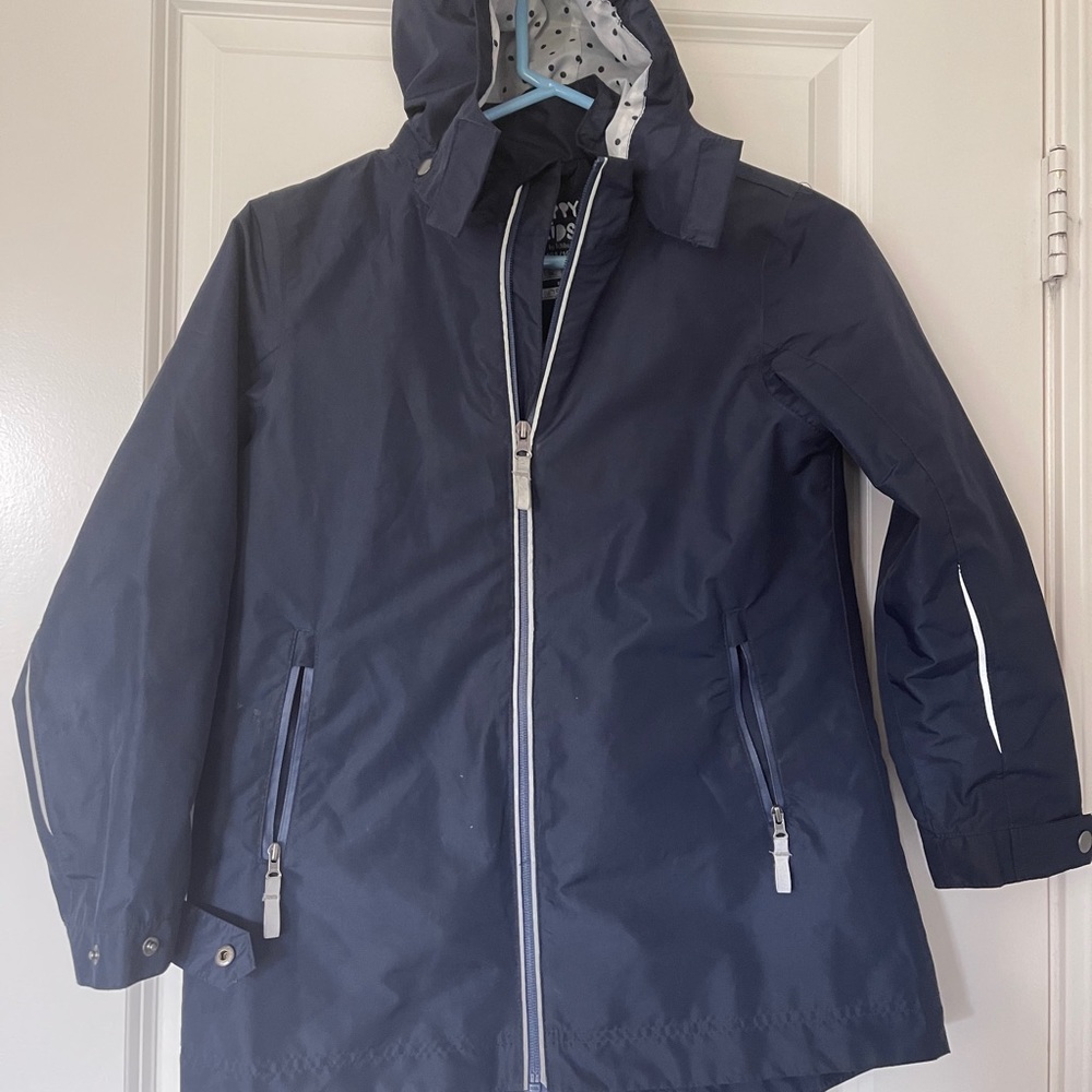 Rain Jacket, anti-reflective edges, removable hood, washable